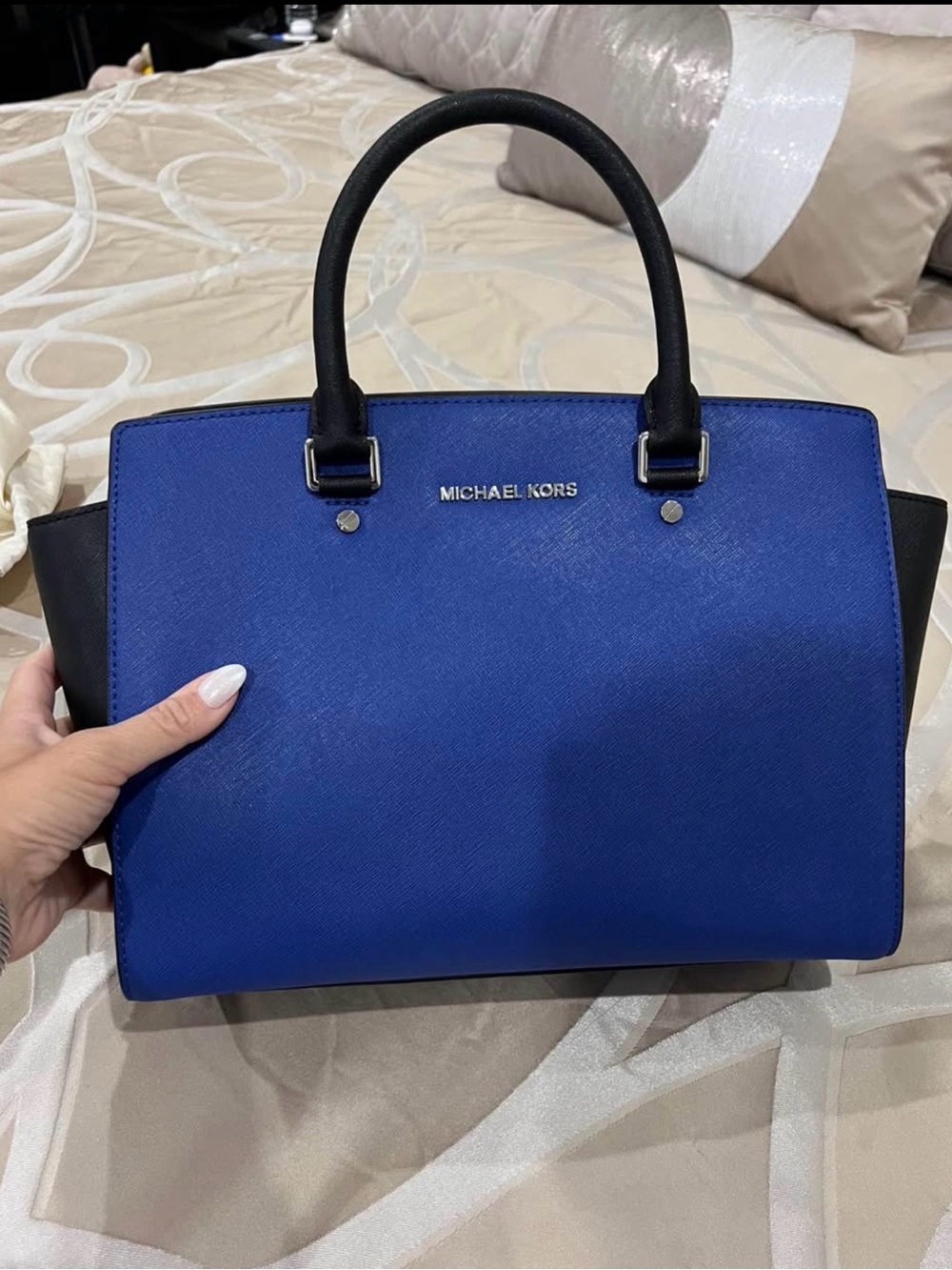 Michael Kors Blue and Black Saffiano Leather Tote